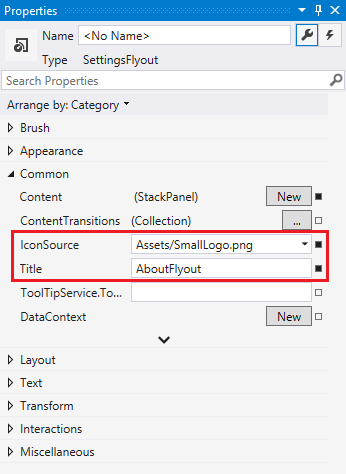 Title e IconSource em SettingsFlyout