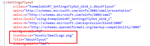 Title e IconSource em SettingsFlyout diretamente no XAML