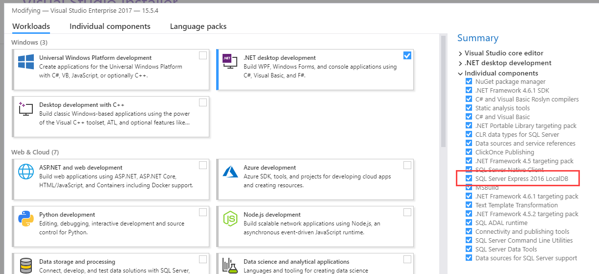 visual studio 2017 sql server 2016 localdb